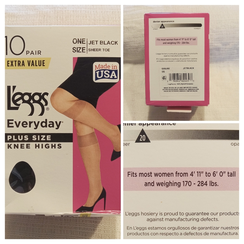 Leggs Everyday PLUS SIZE Knee Highs 10 PAIR Sheer Toe Jet Black NEW Sealed Box